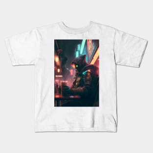 Cyberpunk Character Sipping on Coffee in a Neon Cafe Kids T-Shirt